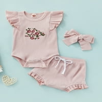 Canrulo Newborn Baby Girl Ljetna odjeća ruffle rukave cvjetne ispise rebraste ručne kratke hlače Outfits ružičaste 12-mjeseci