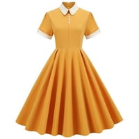 Haljine iz 1950. za žene Vintage, kontrastni vrat lutka navratnik revel srednje duljine haljina, rastegnuta vitka ljuljačka haljina s visokim strukom, Audrey Hepburn stilske haljine žute m