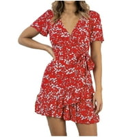 Haljina za ženske ležerne modne ljetne casual v-izrez Print s kratkim rukavima preklop mini haljina