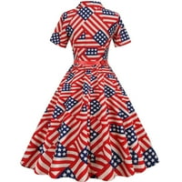 Ženska linija midi haljina kratki rukav ruffle hem v vrat dugme dolje Flowy haljina Američka zastava