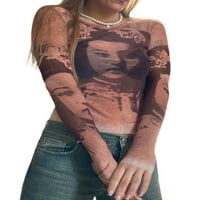 Musuos ženski portret tiskar mrežaste pređe sa okruglim vratom majica dugih rukava