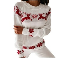 Odeerbi Božićni džemperi za žene Modni O-izrez Božićni tisak Udobni dugi rukav labav vrh