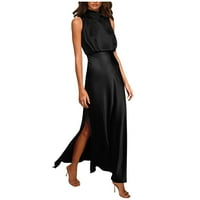 Ljetne haljine za žene rugajući izrez Maxi slobodno vrijeme A-line s punim rukavima bez rukava crna