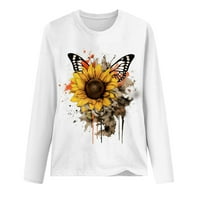 Jesenji ženski majica s dugim rukavima s dugim rukavima slatke cvjetne djevojke otisnute okrugli vrat