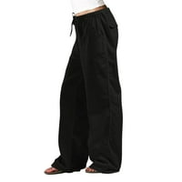 Daznico ženske ležerne pune boje pamučne i posteljine labave hlače široke noge sa džepovima Elastične
