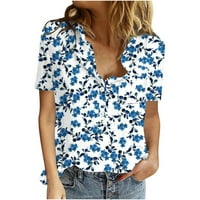 Ženski ljetni kratki rukovi Plus size pamučne posteljine cvjetne košulje Tee labavi v vrat bluze osnovne