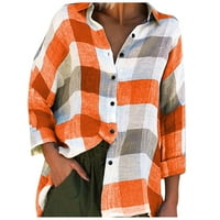 Wendunide Womens T košulje Žene Modni labav Provjeri bluzu za ispis s dugim rukavima narančasta L