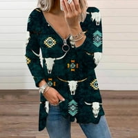 Ženski tunik dugih rukava vintage etnički stil Ispiši dukseriksirt Zipper V-izrez Tanka majica bluza