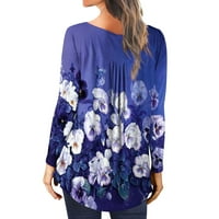 HFYIHGF WOMENS Dugi rukav Tun cvjetni tiskani Henleyji majica V-izrez Dugme Down Bluza Ležerne prilike nabrajani Basic Pulover Tamno plavi XL