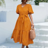 Žensko proljeće i ljetni V-izrez Polka Dot cvjetna haljina sa čipkom