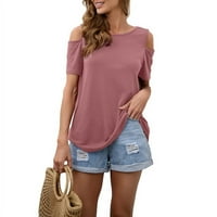 Hladne vrhove ramena za žene, poprečni ležerne košulje od punog boja Tuničke vrhove udobne labave fit, ružičaste, 2xl