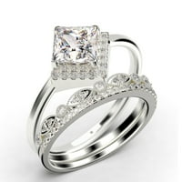 BOHO & HIPPIE 2. Karati Princess Cut Diamond Moissite Dainty Angažman prsten, Klasični vjenčani prsten, dva odgovarajuća traka u 10k čvrsto bijelo zlato, poklon za njen, obećaj prsten, trio set