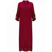 Clearsance Ljetne haljine za žene s dugim rukavima A-line Maxi Fashion V-izrez Čvrsta haljina vina m