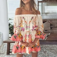 Mgohoen ženski ljetni cvjetni print off rame haljine rukav elegantna mini haljina ružičasta xxxl