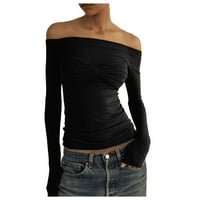 Ženska ležerna ljetna majica Crna ženska modna ramena Dugi rukav Tees Slim Fit Stretchy Top Solid Boja