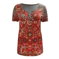 Womens plus bluze i tunike jesen jesen modni casual v-izrez kratak vidio etničko dugme za ispis labavi ženski crveni 1x