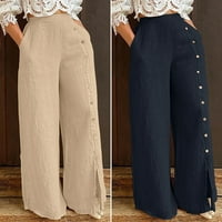 Growesty Ženske hlače Očistite žensko dugme-Split-hlače široke noge hlače s visokim strukom pantalone