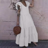Ženske ljetne haljine modni casual seksi v vrat solid ljetni ruffles dugačak haljina ljeto suncobran bijela xxl