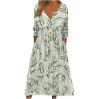 Ženska haljina modna ljetna tiskara kauzal V-izrez Dugme Dugi rukavi Džebovi za odmor Dress Leisure L Mint Green