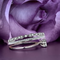 Prekrasna Art Deco 2. Okrugli rez Diamond Moissite zaručni prsten, vjenčani prsten, dva podudarna traka u 10k čvrsto bijelo zlato, poklon za njen poklon za djevojke za djevojke, autentičan moissite