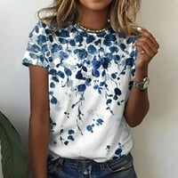 Ženska casual labava cvjetna print Crewneck tiskani majica kratkih rukava vrhovi komforne boje majica, plava, l