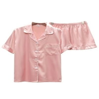Glonme Wone Lounge set kratki rukav noćna odjeća Solidna boja Sletko za spavanje ljeto elastična odjeća za struku Ležerne tipke Down Pajamas setovi ružičasti ružičasti XL