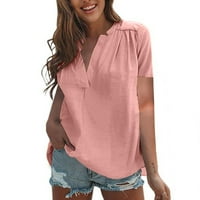Modna ženska košulja od pune boje V Vrak za temperament izreza Pleted kratkih rukava Pink XXXL