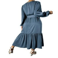 Ženska haljina skrock obična gumba okrugla vrata prašnjava plava l