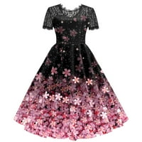 SNGXGN ženske haljine Ljetni cvjetni geometrijski uzorak kratki rukav midi V-izrez casual haljina s remengold fringe haljina Taylor swift crna x-velika