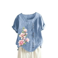 Atinetok ženske majice Vintage cvjetno dugme dole plus veličine pamuk posteljina na vrhu ljetnih kratkih