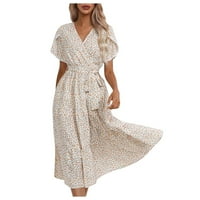 Tking Fashion ženska ljetna casual boho ispisana slobodna asimetrična haljina s kratkim rukavima V-izrez midi haljine bijele s