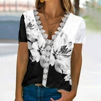 Ženska ljetna kratka rukava TOP, V-izrez cvjetni ispis čipkastim krovnim kratkim casual tee bluzom udobne majice