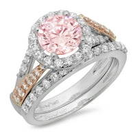 1. CT okrugli rez ružičasti simulirani dijamantski gem pravi 18k bijeli ružin zlato prilagodljiv laserski graviranje halo vječno jedinstvena umjetnost deco izjava o bradavcu Angagement Bridal prsten set veličine 4
