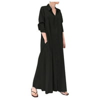 Ženske haljine čišćenje V-izrez labav čvrsti maxi maxi Ljetna haljina s dugim rukavima crna m