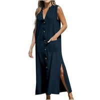 Biayxms Ženska haljina bez rukava bez rukava s punim bojama s podijeljenim dugim haljinama s džepovima