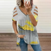 Leylayray bluza za žene Ženska modna casual labav ispis kratkih rukava s patentnim zatvaračem na vratima s gornjeg ramena Top svijetlosive xxxl
