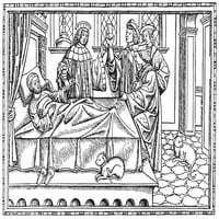 Doktor i pacijent, 1516. n'tsult konsultacije '. Woodcut sa naslovne stranice Pantaleo 'Palulaluium,' Pavia, Italija, 1516. Poster Print by