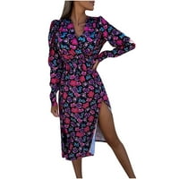 Ljetne haljine za žene dugih rukava za tisak cvjetnog uzorka V-izrez Maxi Split Loop Fit Y2K Trendy