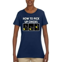 Kako pokupiti piliće šala Humor ženska grafička majica, mornarica, velika