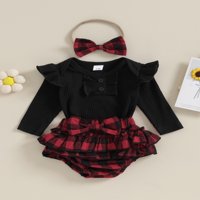 Eyicmarn Baby Girl Fall Outfits Solid Color Crew Crt Dugi rukav Rompers Ruffles Plaid Hratke za glavu