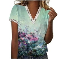 Čipke TRIM Fall majice za žene Casual V izrez cvjetni uzorak tiskani kratki rukav grafički majica, labavi