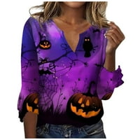 Vrhovi za žene rukav V izrez Halloween Print majice Pulover grafička casual bluza ljubičasta s