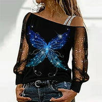 Ženska modna gornja bluza Sequin tisak mreža na dugih rukava Hladna košulja na rame, labava bluza