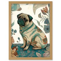 Psa psa sa cvjetnim uzorcima Vintage inspirirana višebojna linocutna ilustracija umjetnička djela uokvirena