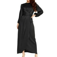 Forestyashe crne haljine za ženske haljine za casual solid color O izrez dugih rukava saten mekani struk