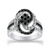 Carat okrugli rez prirodni poboljšani crno-bijeli dijamantni dizajn cvijeća vrtlog za vrtlog prstena u 14k bijelo zlato preko srebra sterlinga, veličine prstena- 5