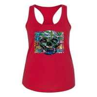 Divlji Bobby, šarena apstraktna lubanja lica ulična odjeća Ladies Racerback Tank, crvena, velika