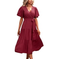 Ženske ljetne haljine Žene solidne boje V izrez kratkih rukava haljina za žene L