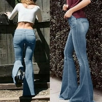 Žene Flare Srednji struk traper traperice Pocket Stretch Slim Tassel Hlače Jeans