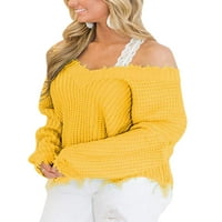 WRCNOTE Dame Winter Top Tassel Pulover Pleteni odjeća Solid Boja Jumper vrhovi V izrez Pleteni džemperi žuti s